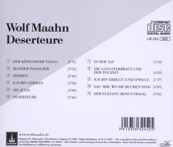 CD-Cover mit Titelliste auf Deutsch. Künstler ist Wolf Maahn. Der Text ist auf grauem Hintergrund.