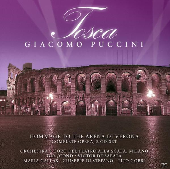 Tosca Opern-CD-Cover. Bild einer antiken römischen Arena, Nachtszene, Purpurtöne. Titel: Tosca, Giacomo Puccini.