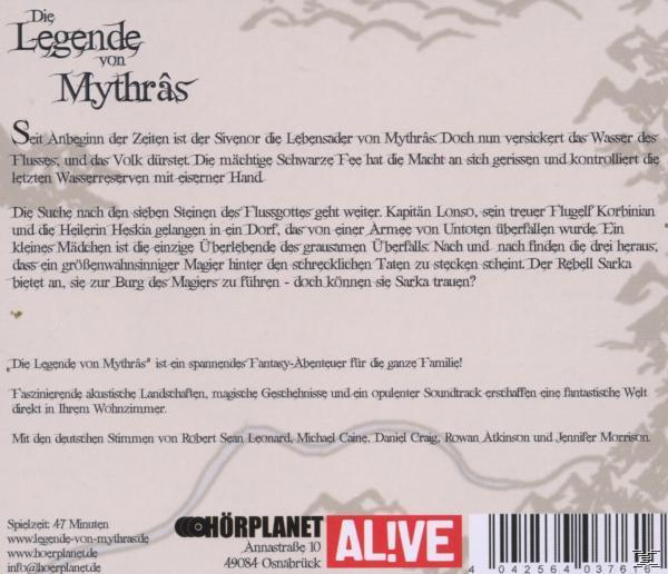 Rückseite einer CD-Hülle. Text auf Deutsch über ein Fantasy-Abenteuer, 'Die Legende von Mythras'.