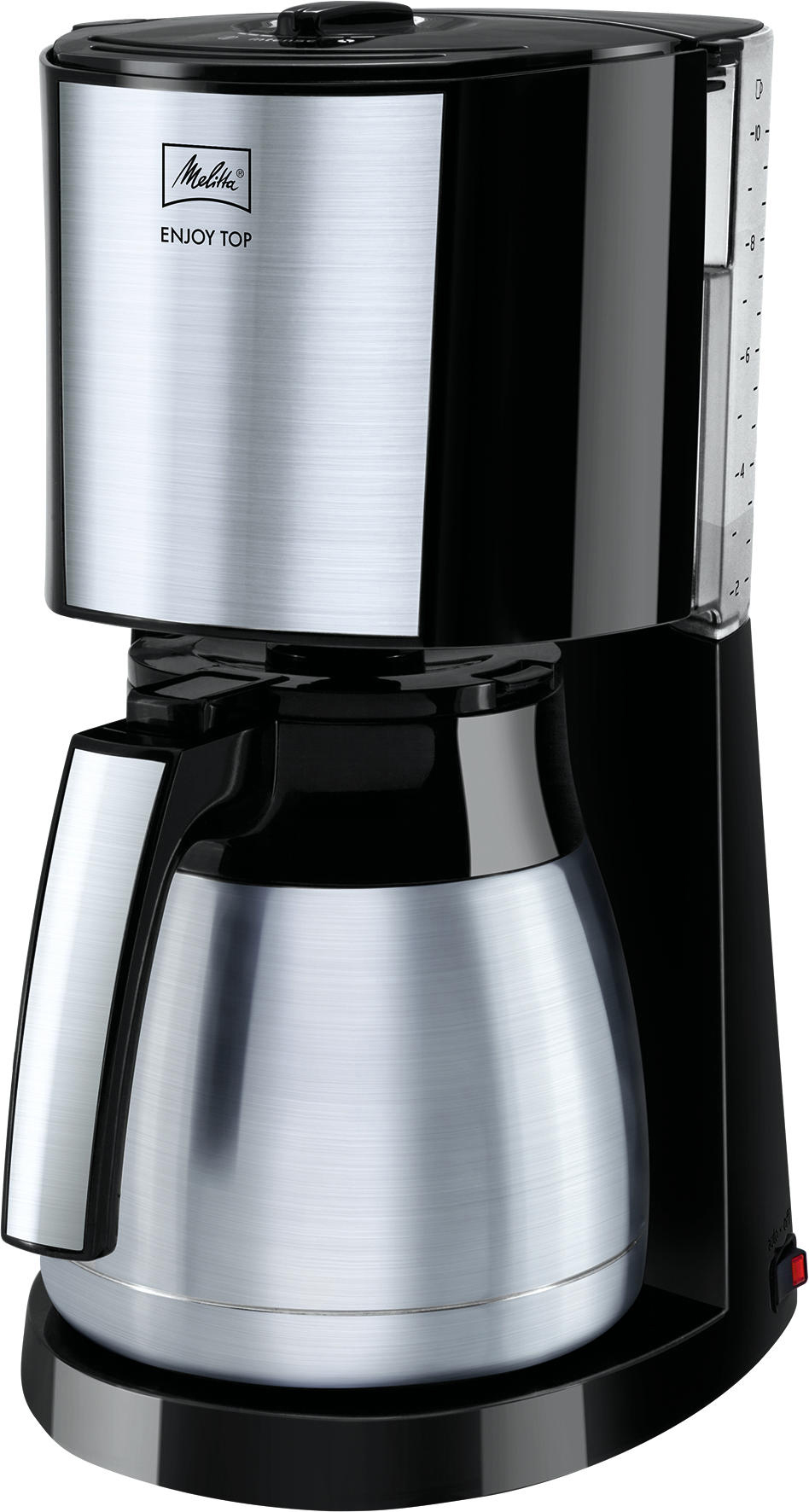 Schwarze und silberne Kaffeemaschine. Die Kaffeemaschine hat eine Karaffe.
