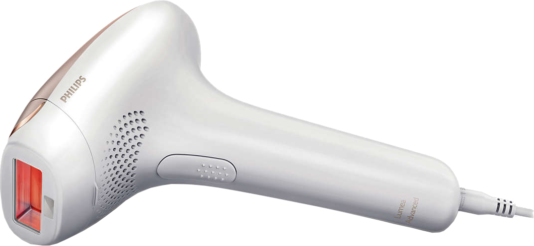 Fehér és rózsaarany Philips Lumea szőrtelenítő készülék. Van egy fénykibocsátó ablaka.