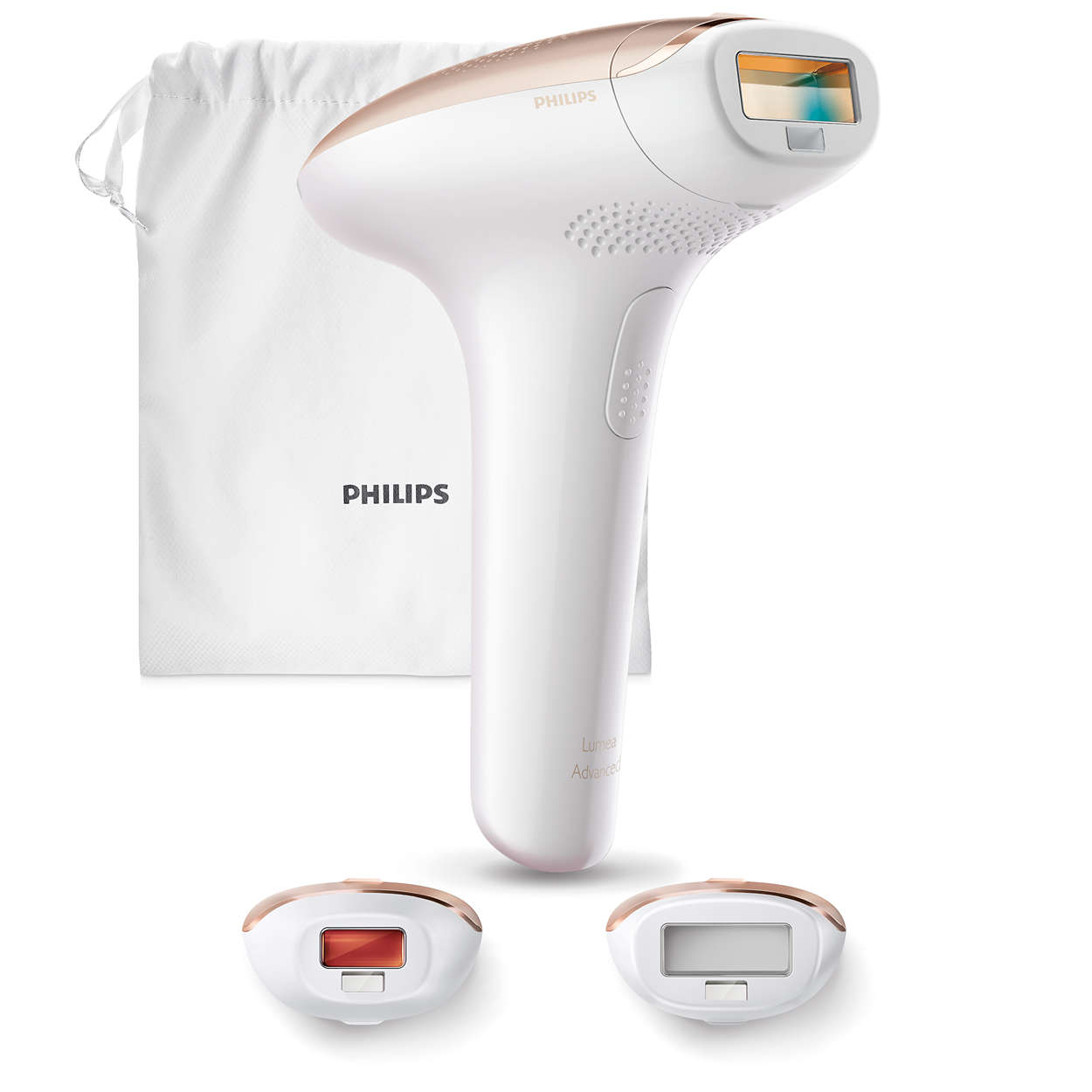 Fehér Philips Lumea Advanced készülék és két kezelőfej, fehér tárolótáskával.