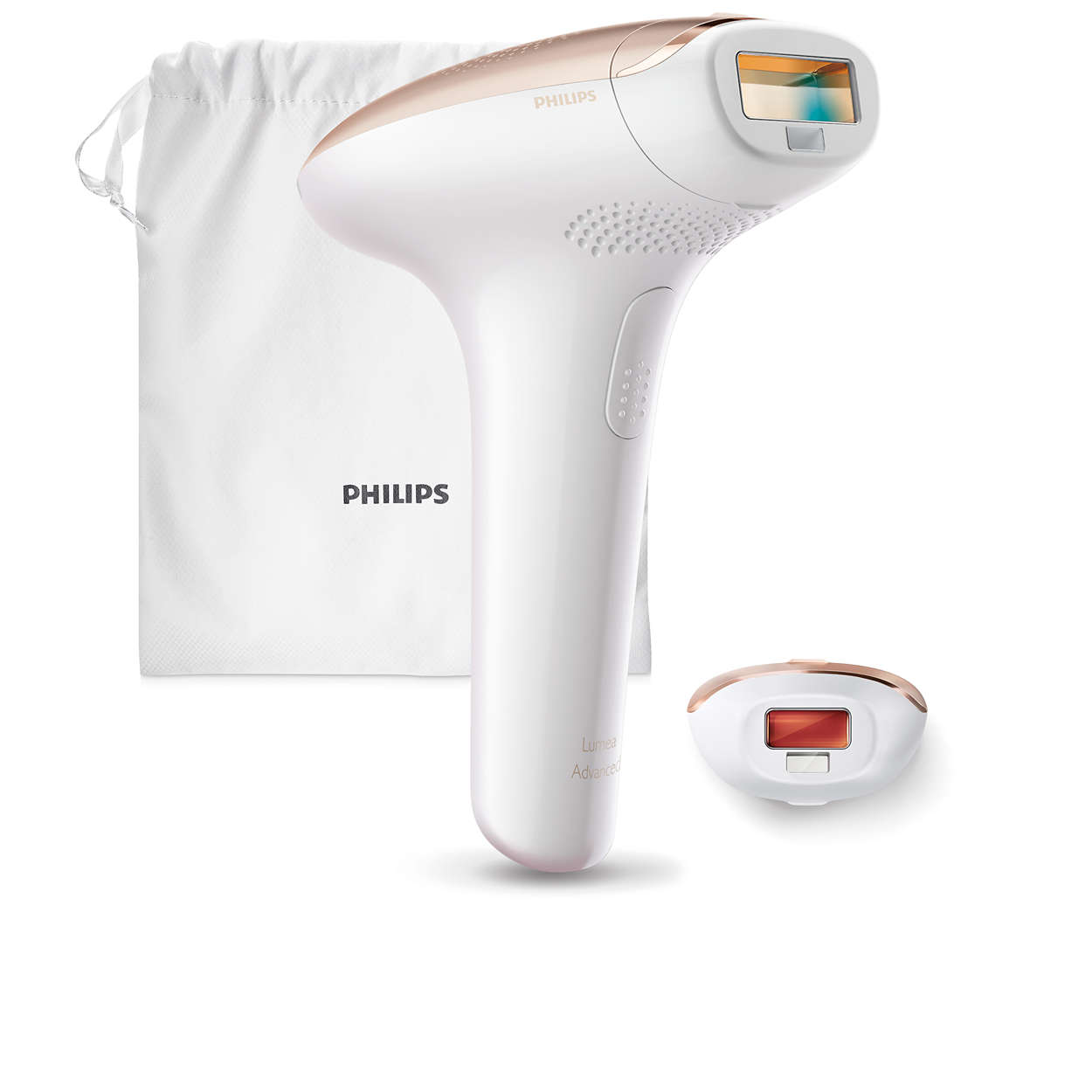 Fehér és arany Philips Lumea Advanced készülék töltőzsákkal és kiegészítő applikátorral.