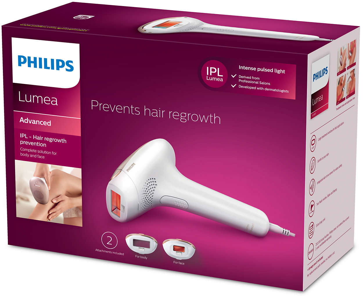 Doboz Philips Lumea termékkel. Fehér és lila színvilága van, és a terméket mutatja.