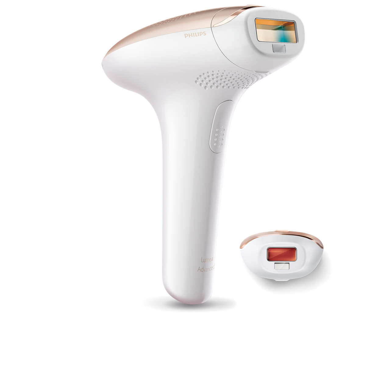 Fehér és arany Philips Lumea készülék tartalék fejjel, fehér háttérrel.