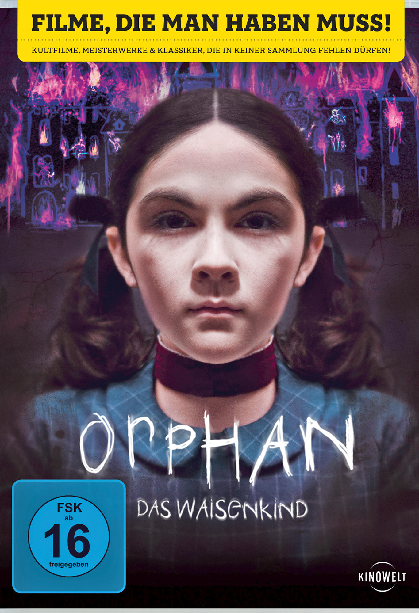 DVD-Cover für den Film „Orphan“. Zeigt ein junges Mädchen mit Zöpfen. Der Titel wird angezeigt.