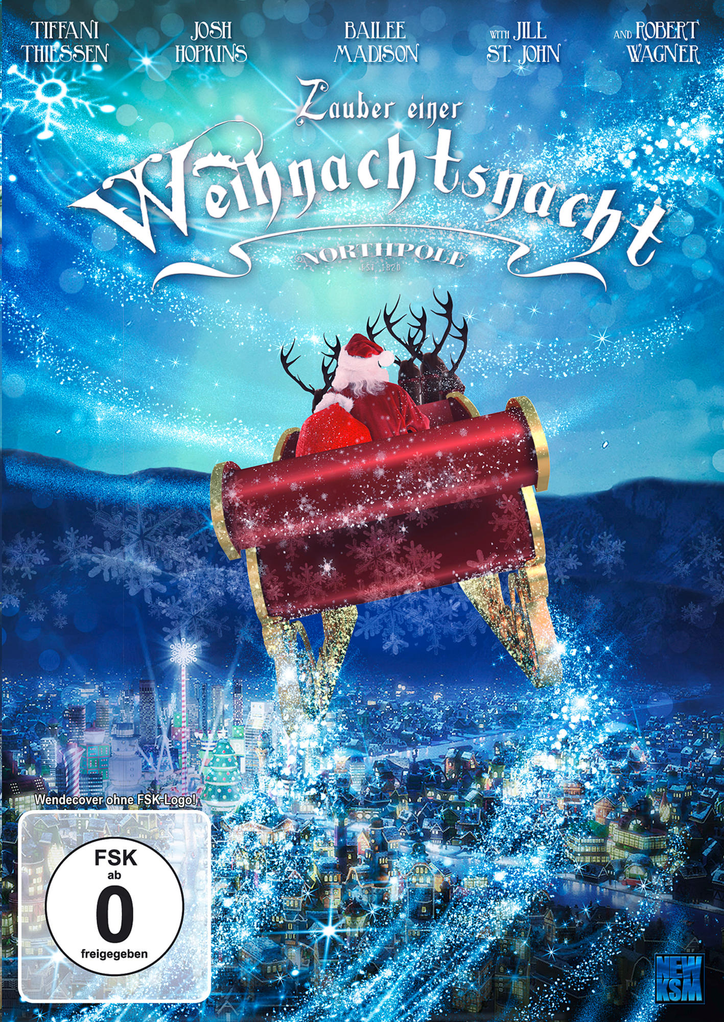 Filmposter mit Santa in einem Schlitten, der von Rentieren  über eine verschneite Stadt bei Nacht gezogen wird. Der Titel lautet 'Weihnachtsnacht'.