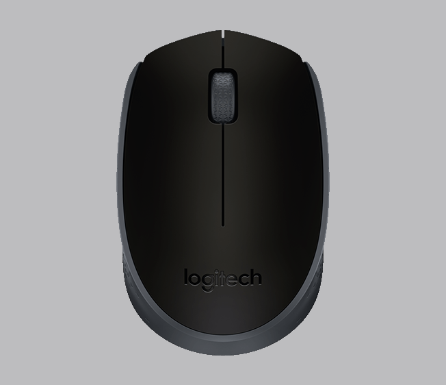 Açık gri zemin üzerinde siyah Logitech fare. Farede bir kaydırma tekerleği ve logo var.