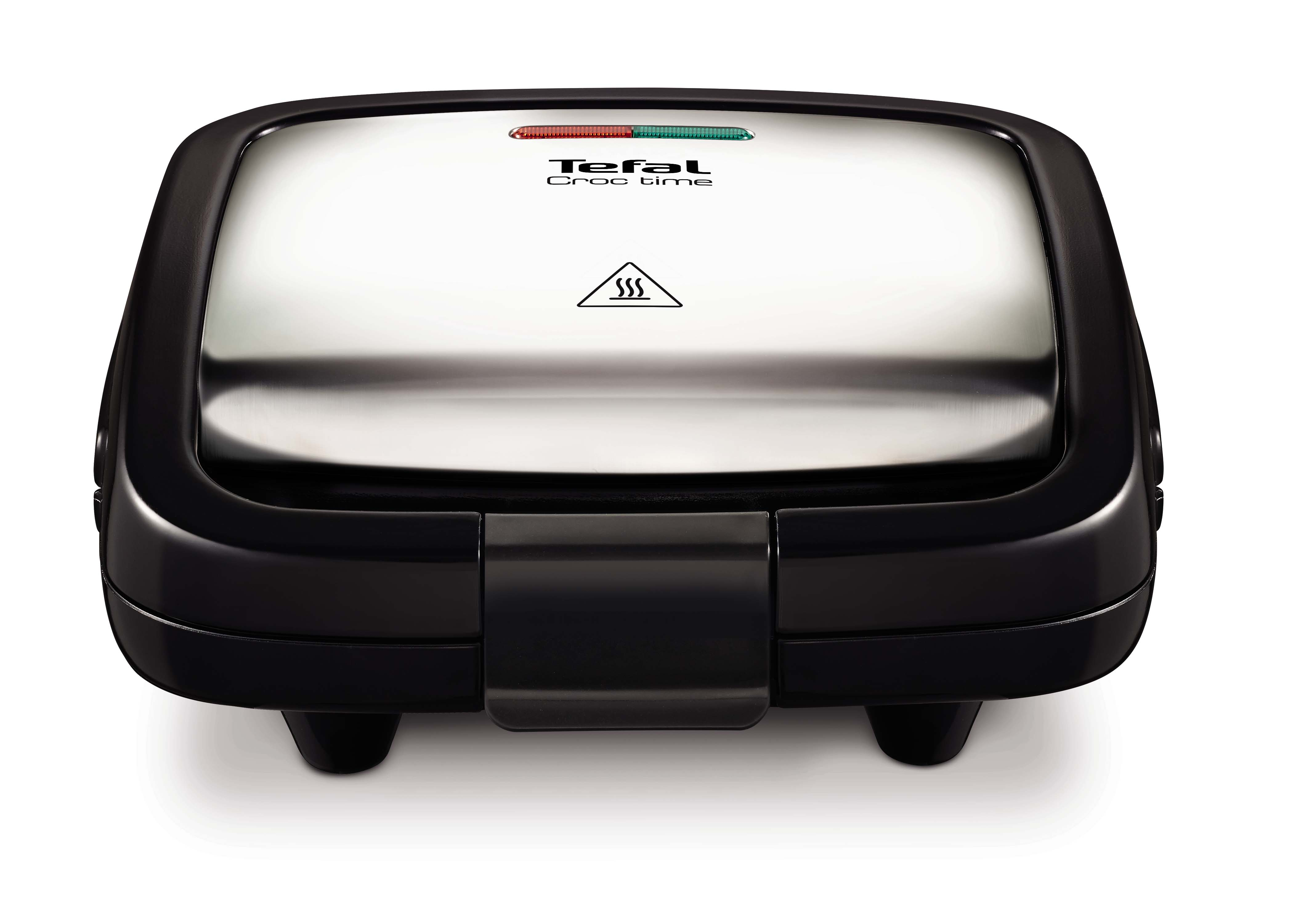 A Tefal Croc time sandwich maker. Black with a silver top, the machine has indicator lights and a warning symbol.