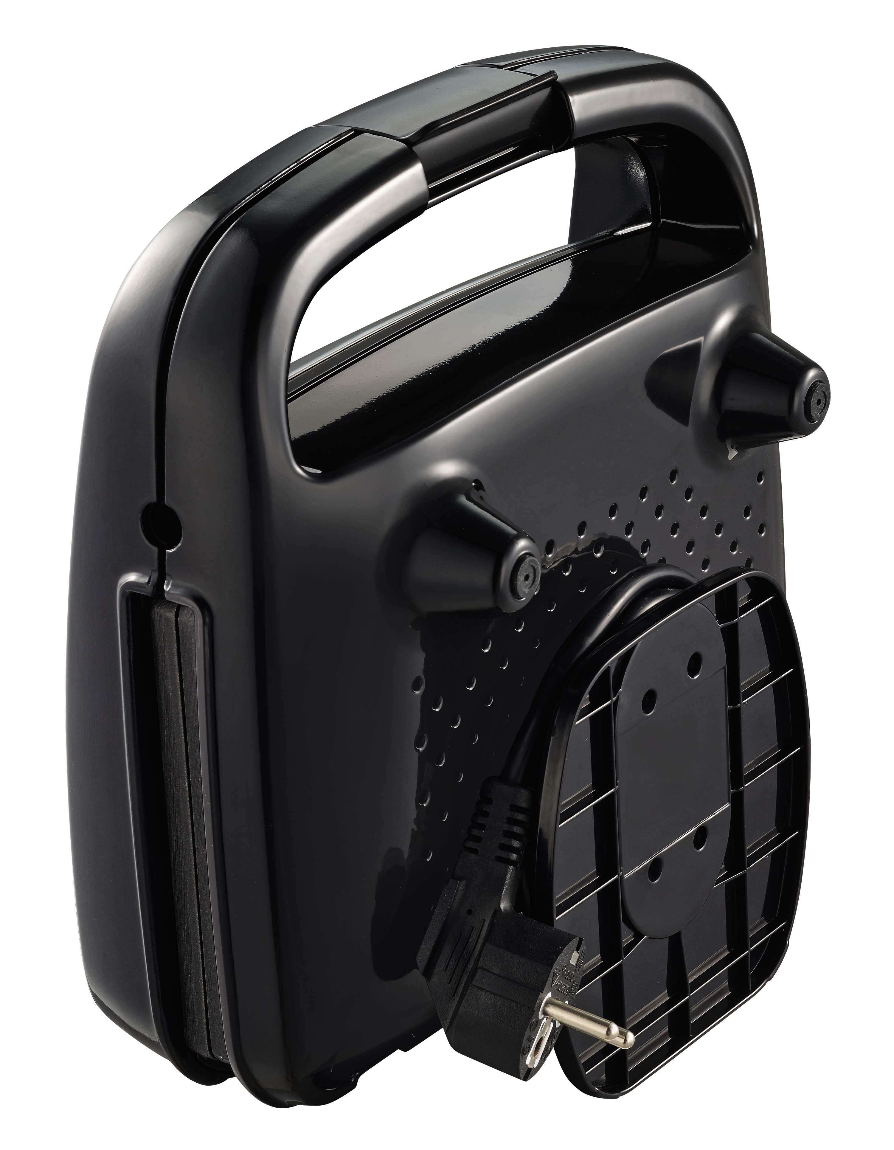 Black sandwich maker, handle up, plug side visible, on a white background.