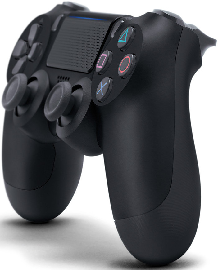 Black PlayStation 4 controller with buttons and joysticks visible.