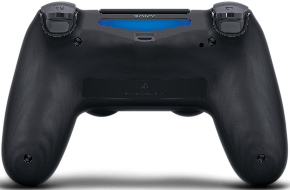 Back view of a black PS4 controller, with the Sony logo and some buttons visible.