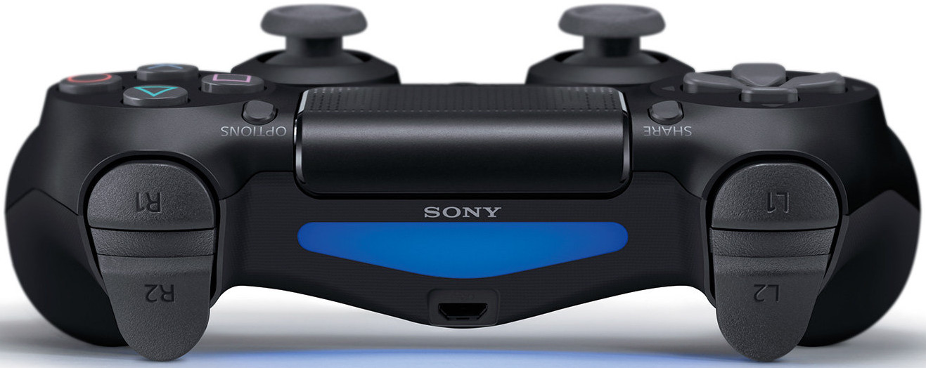 A black PlayStation 4 controller with buttons and joysticks, with the Sony logo in the middle.