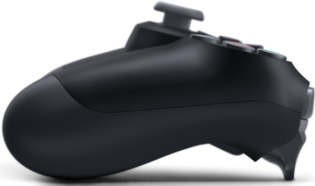 Black game controller, side view, with buttons and a textured grip.
