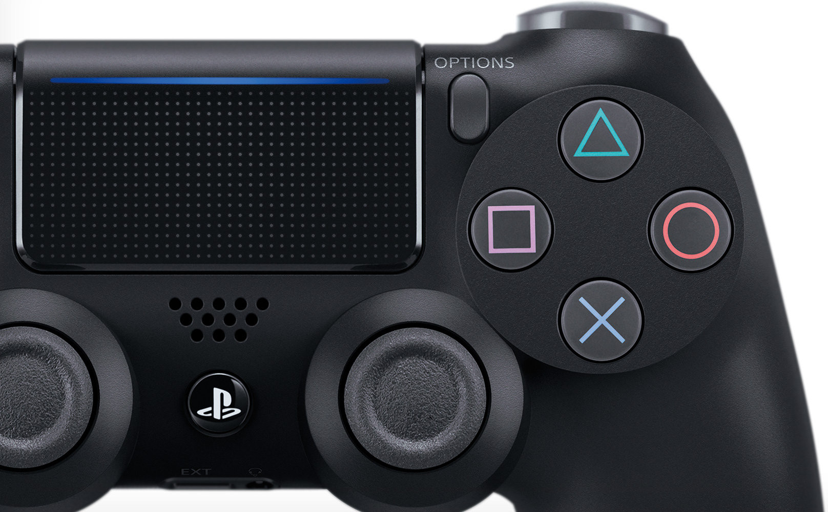 Close-up of a black PS4 controller. Features buttons: triangle, square, cross, circle, and options button.
