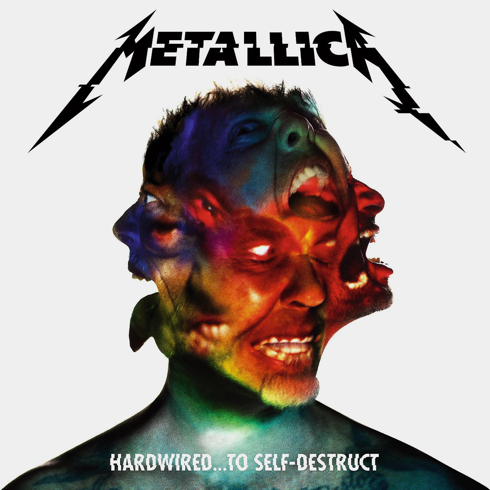 A Metallica album borítója, többféle arcú férfi a "Metallica" és a "Hardwired..." szóval felül.
