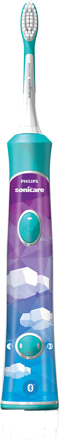 Egy elektromos kék és lila Philips Sonicare fogkefe. Fehér és kefefejjel rendelkezik.