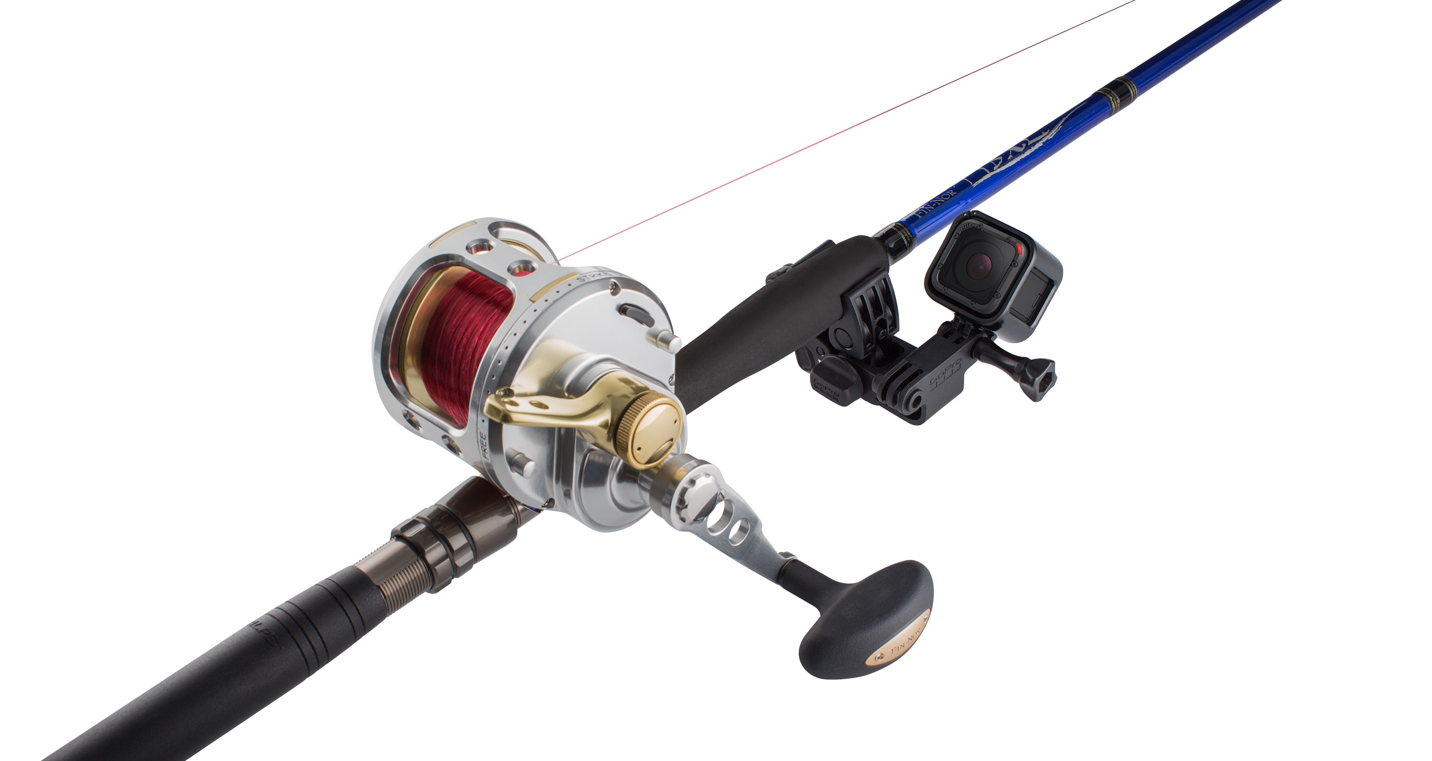 Fishing rod with reel and GoPro camera attached, angled shot, white background.