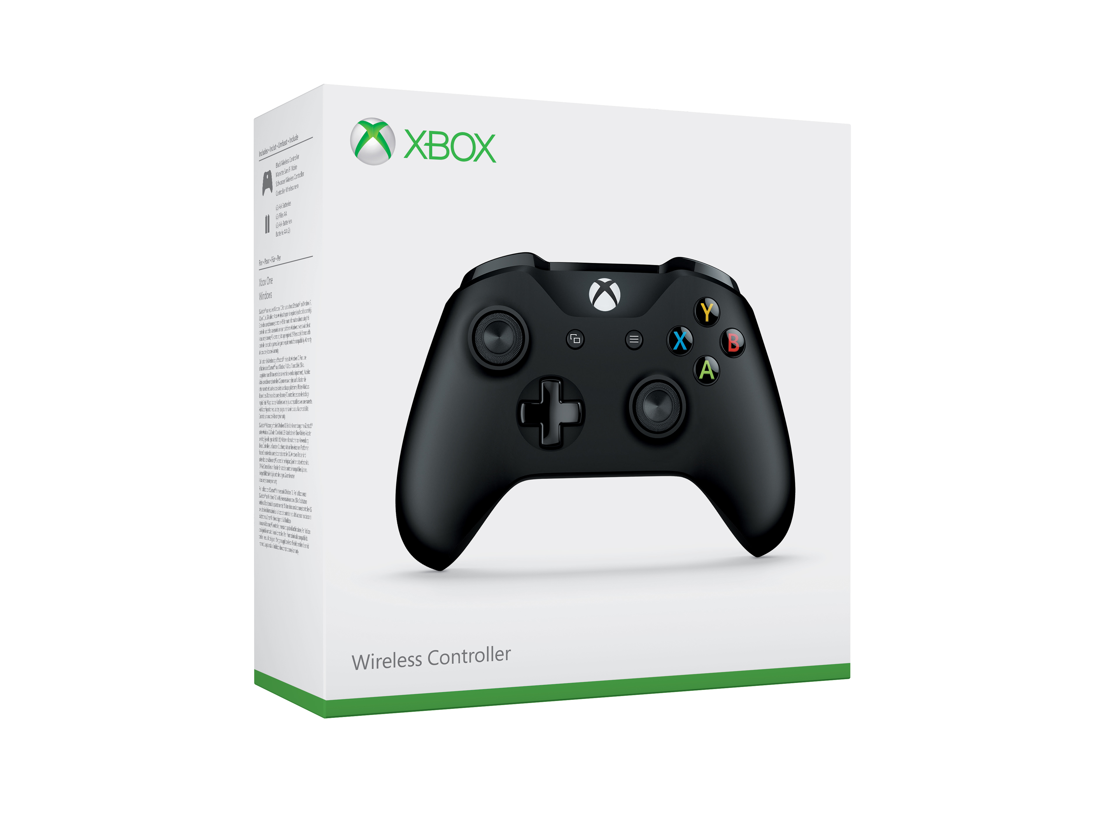Schwarzer Xbox-Wireless-Controller und weiße Box mit grünem Xbox-Logo.