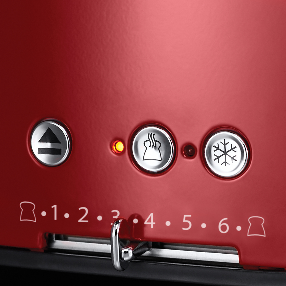 Rotes Toaster-Bedienfeld. Tasten für Abbrechen, Aufwärmen, Auftauen und Bräunungsstufen 1-6.