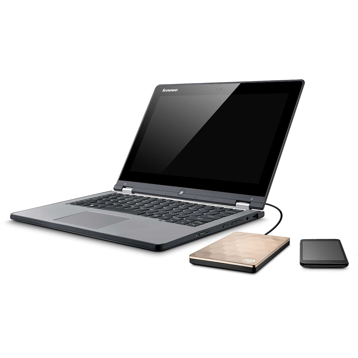 Harici sabit diskli dizüstü bilgisayar. Açık Lenovo dizüstü bilgisayar, sabit disk ve küçük harici sabit diskin yanında.
