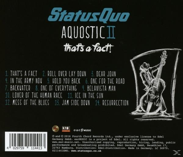CD-Cover. Titel: Status Quo Aquostic II. Mit Songtiteln und einer Zeichnung eines Musikers.