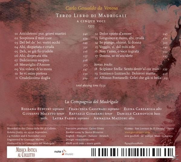Rückseite des Albums mit italienischem Text, Trackliste und Credits für Carlo Gesualdos Madrigale.