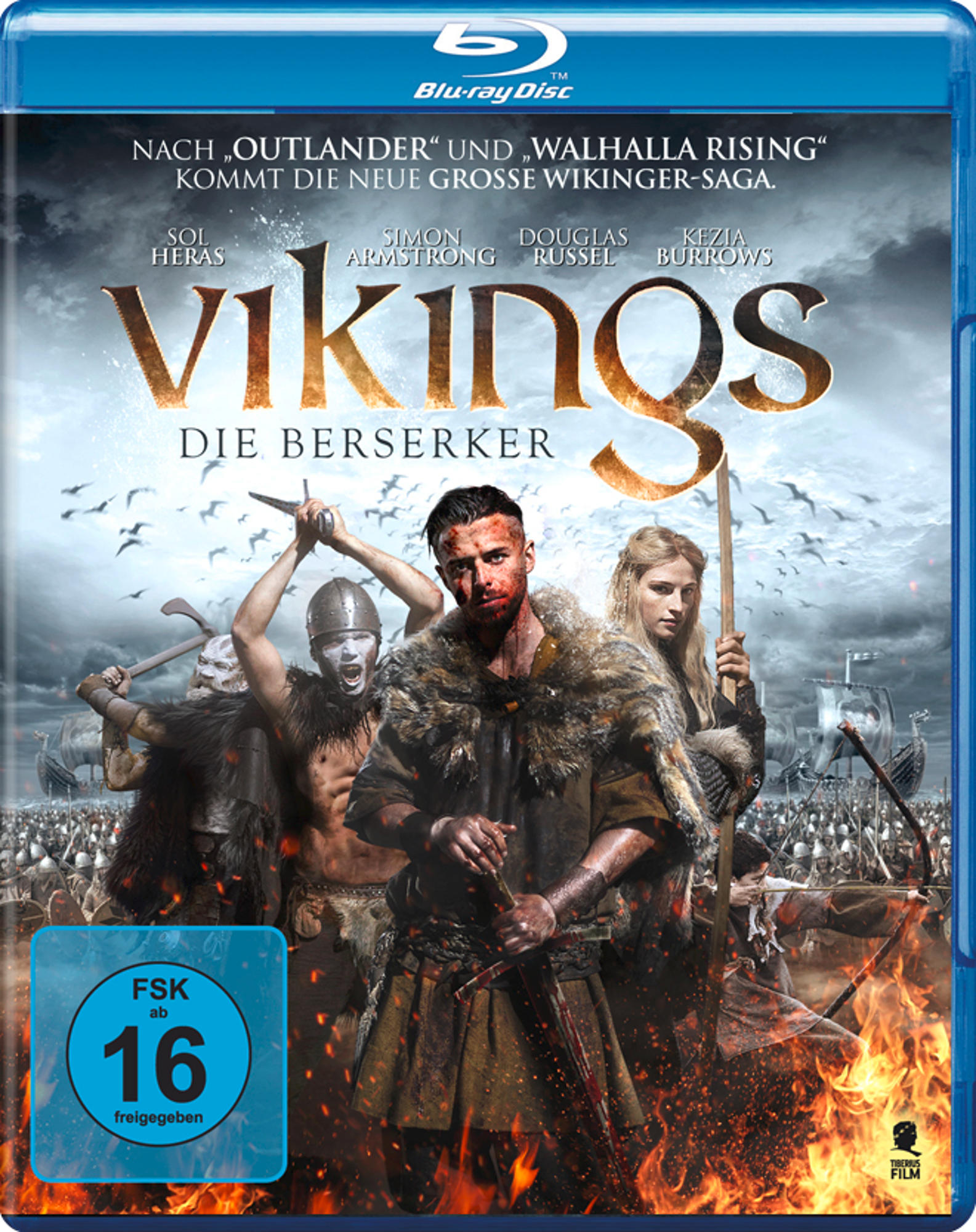 Blu-ray-Cover von Vikings. Drei Personen in Wikinger-Kleidung vorne mit einer Schlacht dahinter.