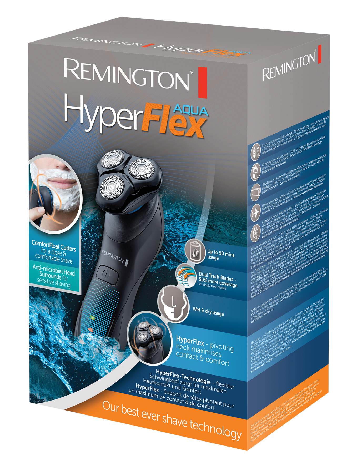 Egy Remington HyperFlex Aqua borotva doboza, a borotva képével és egy borotválkozó férfival.