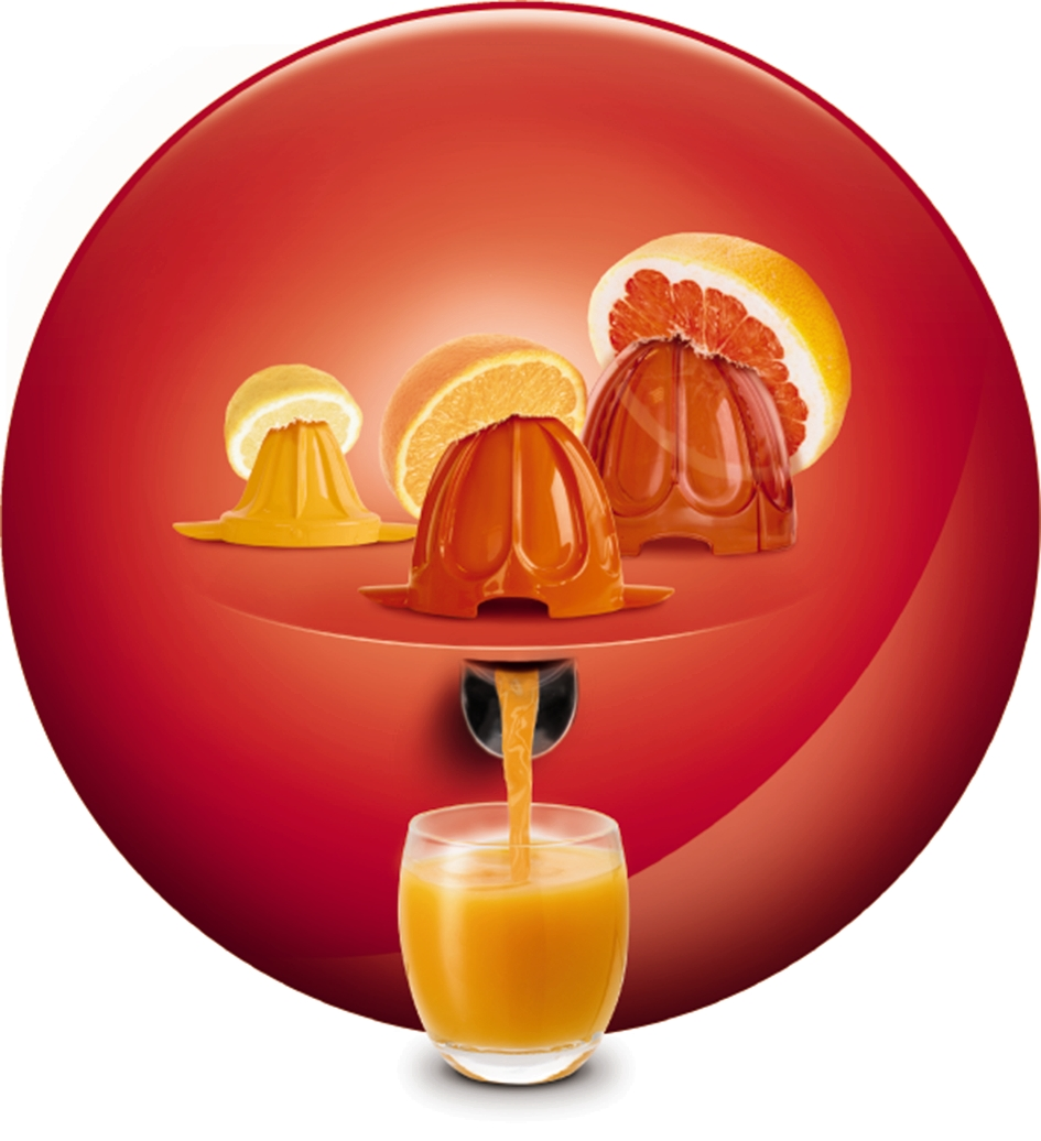 Een sinaasappelextractor met sinaasappelsap en verschillende citrusvruchten.