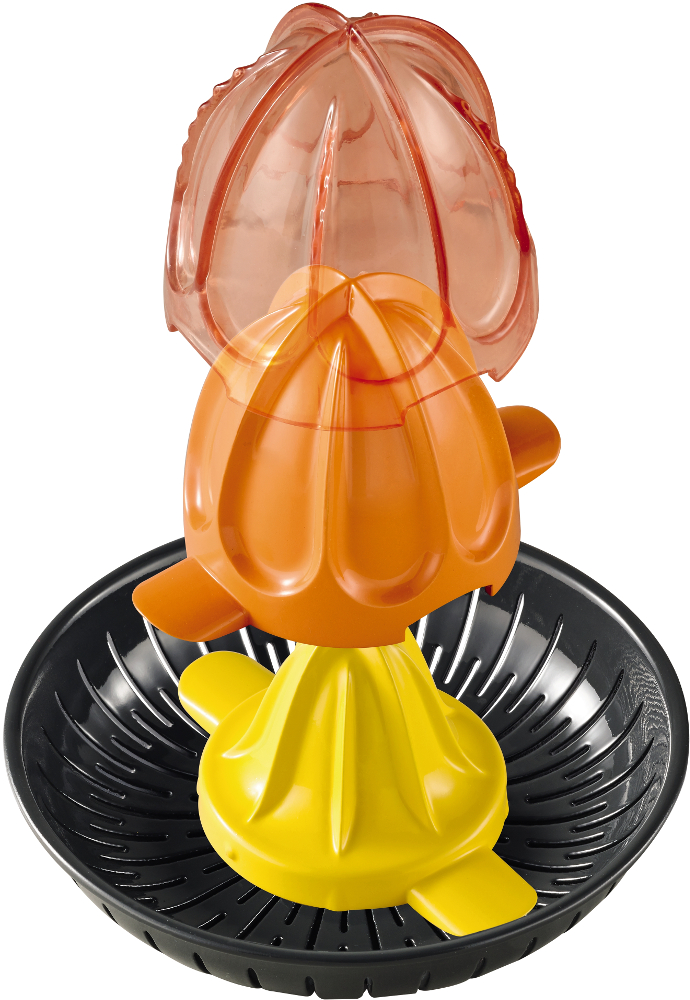 Citruspers met oranje en gele componenten op een zwarte basis met sleuven.