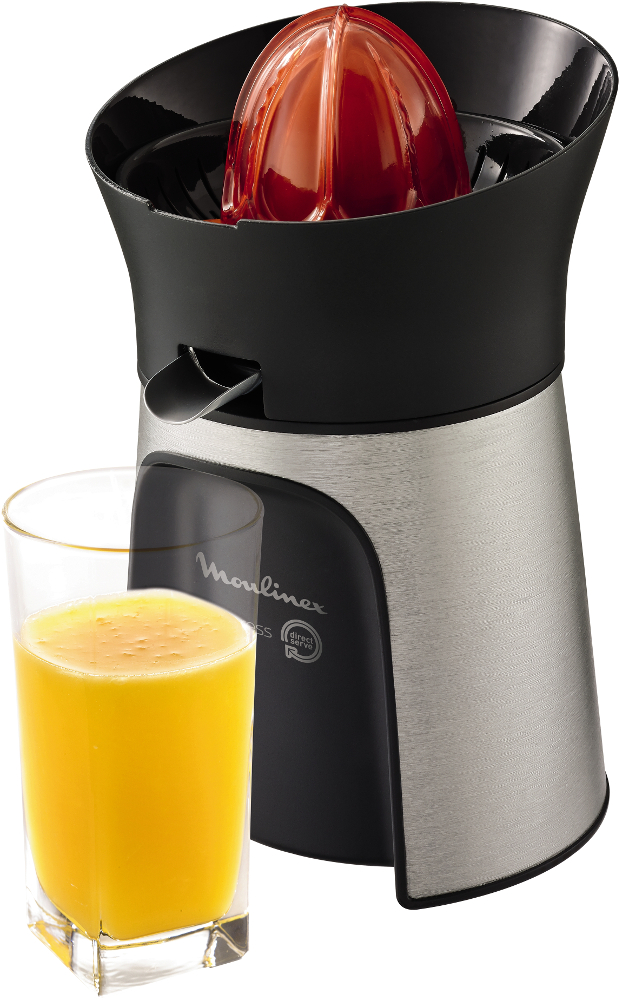 Een elektrische citruspers met een glas sinaasappelsap ernaast en een sinaasappel.