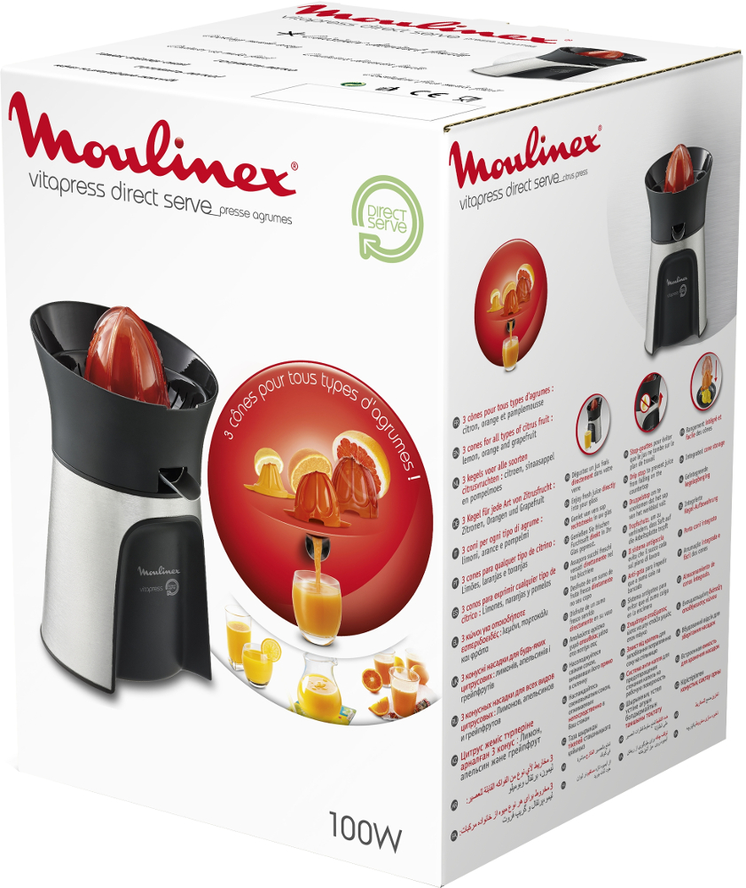 Moulinex sapcentrifuge doos met tekst en afbeeldingen. Het toont de juicer en verschillende vruchten.
