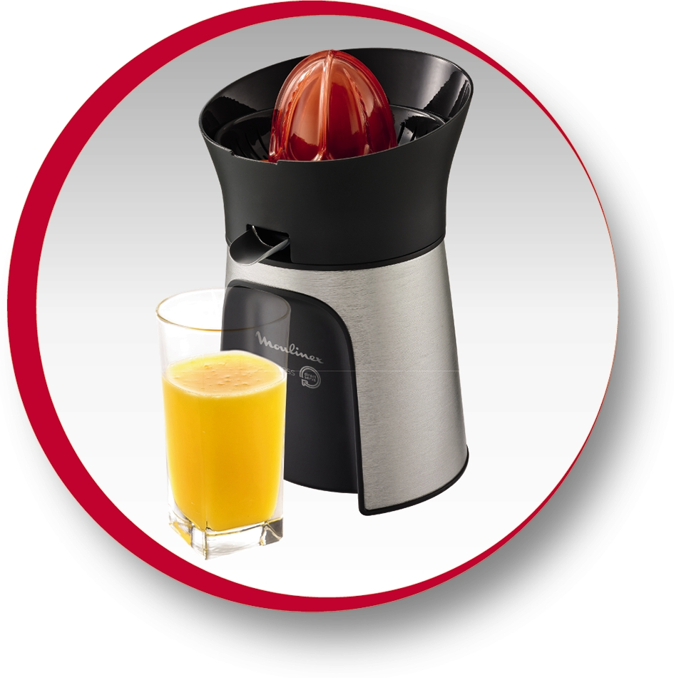 Sapcentrifuge met een glas sinaasappelsap en een rode cirkel rond de afbeelding.