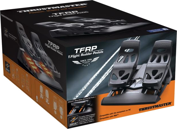 Boîte de pédales de gouvernail Thrustmaster T.Flight, avec images du produit et logo.