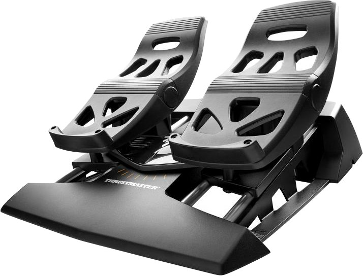 Pédales noires de simulateur de course avec surface texturée et logo Thrustmaster.