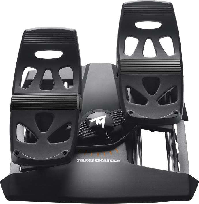 Pédales noires de simulateur de vol. Deux pédales, chacune avec un repose-pieds et une unité de contrôle centrale.