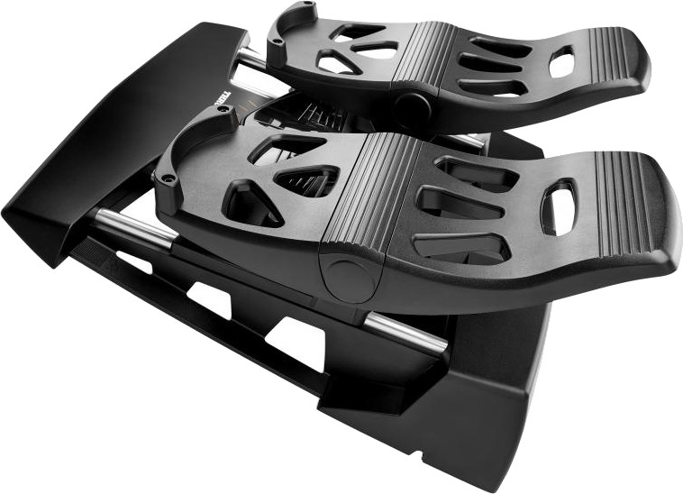 Ensemble de pédales de gouvernail de simulateur de vol noir, incliné sur une surface blanche.