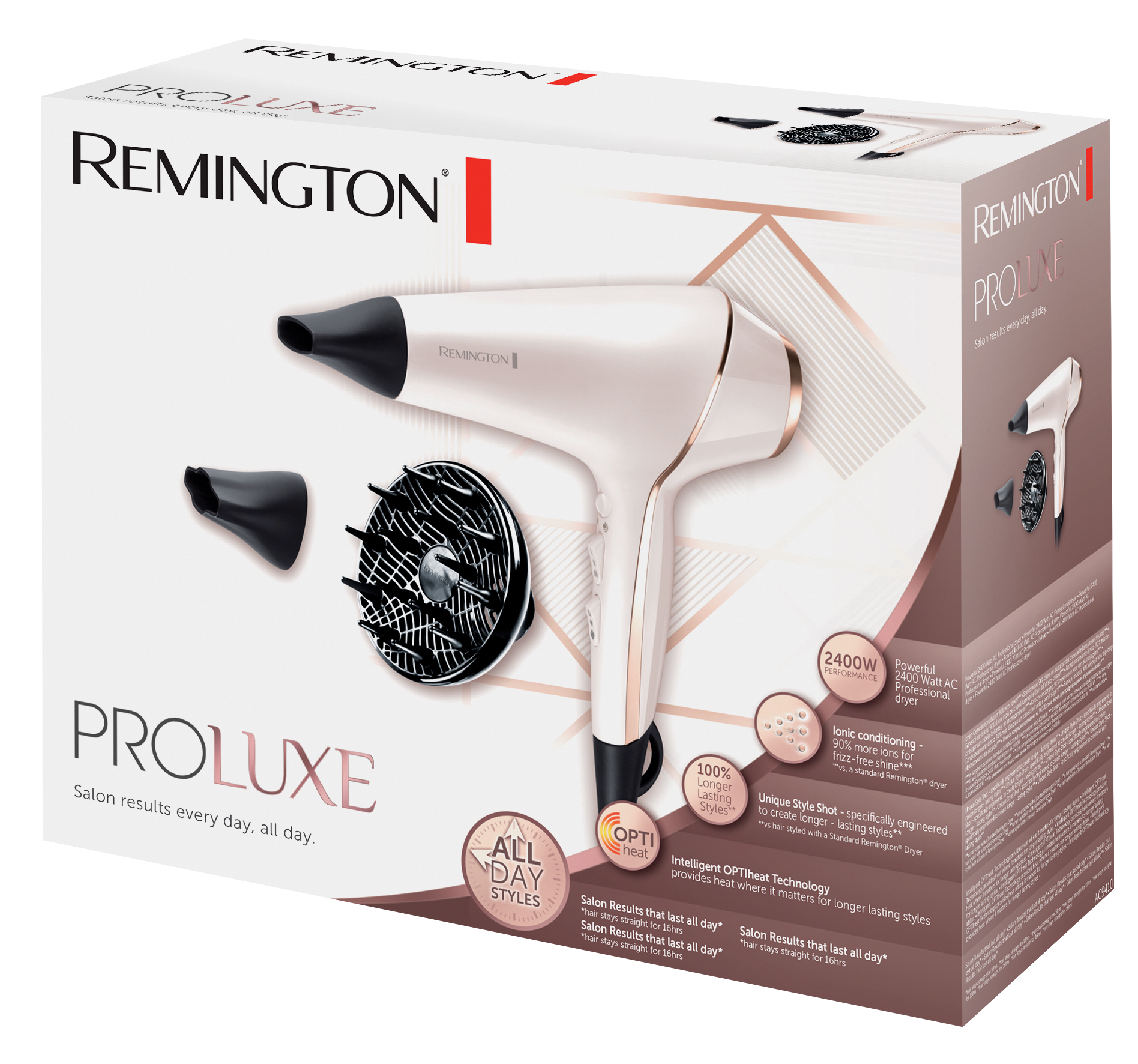 Remington ProLuxe hajszárító dobozban, tartozékokkal, fehér és rózsaarany színben.