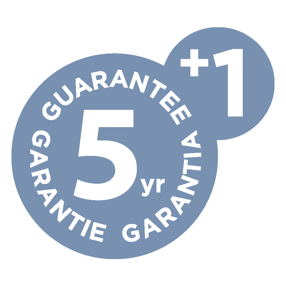 Kék kör alakú logó fehér '5 yr' és '+1' felirattal, körülötte 'Guarantee' felirattal.