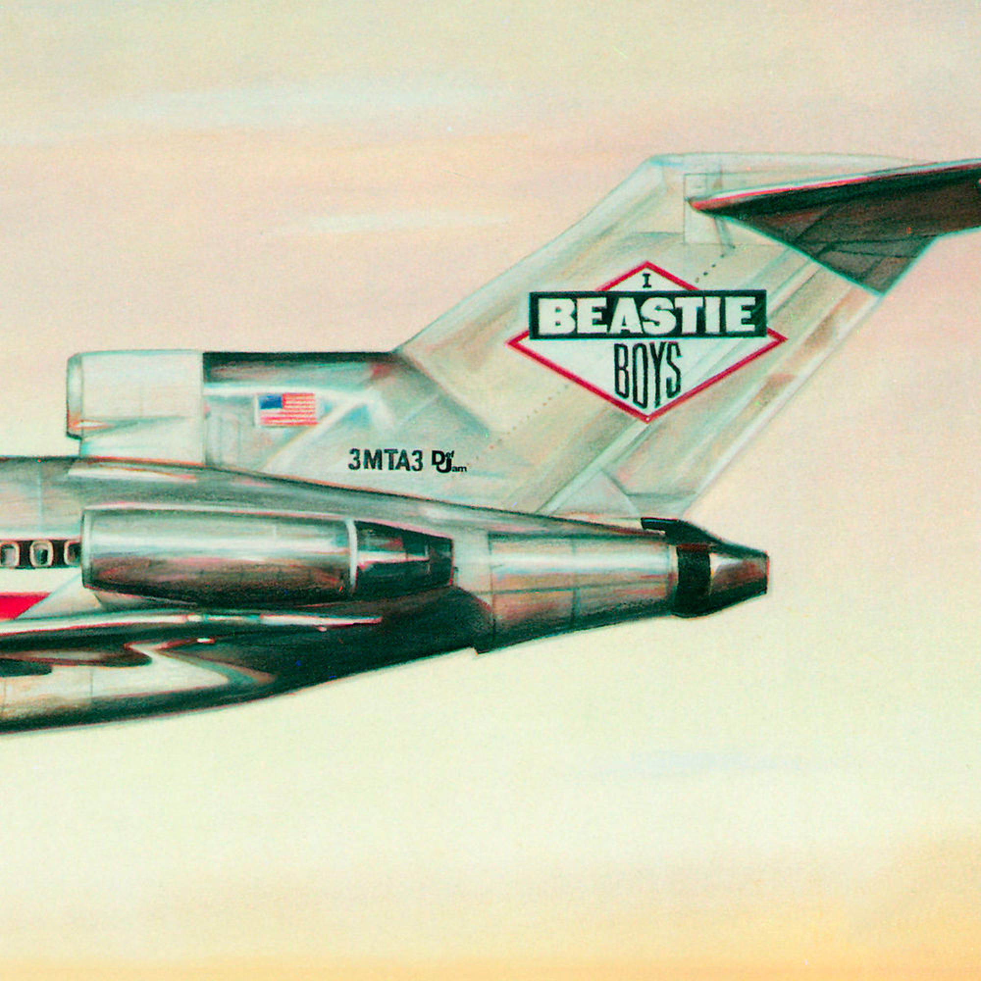 De staart van een vliegtuig met "BEASTIE BOYS" erop. Het vliegtuig staat in de lucht. De achtergrond is licht.