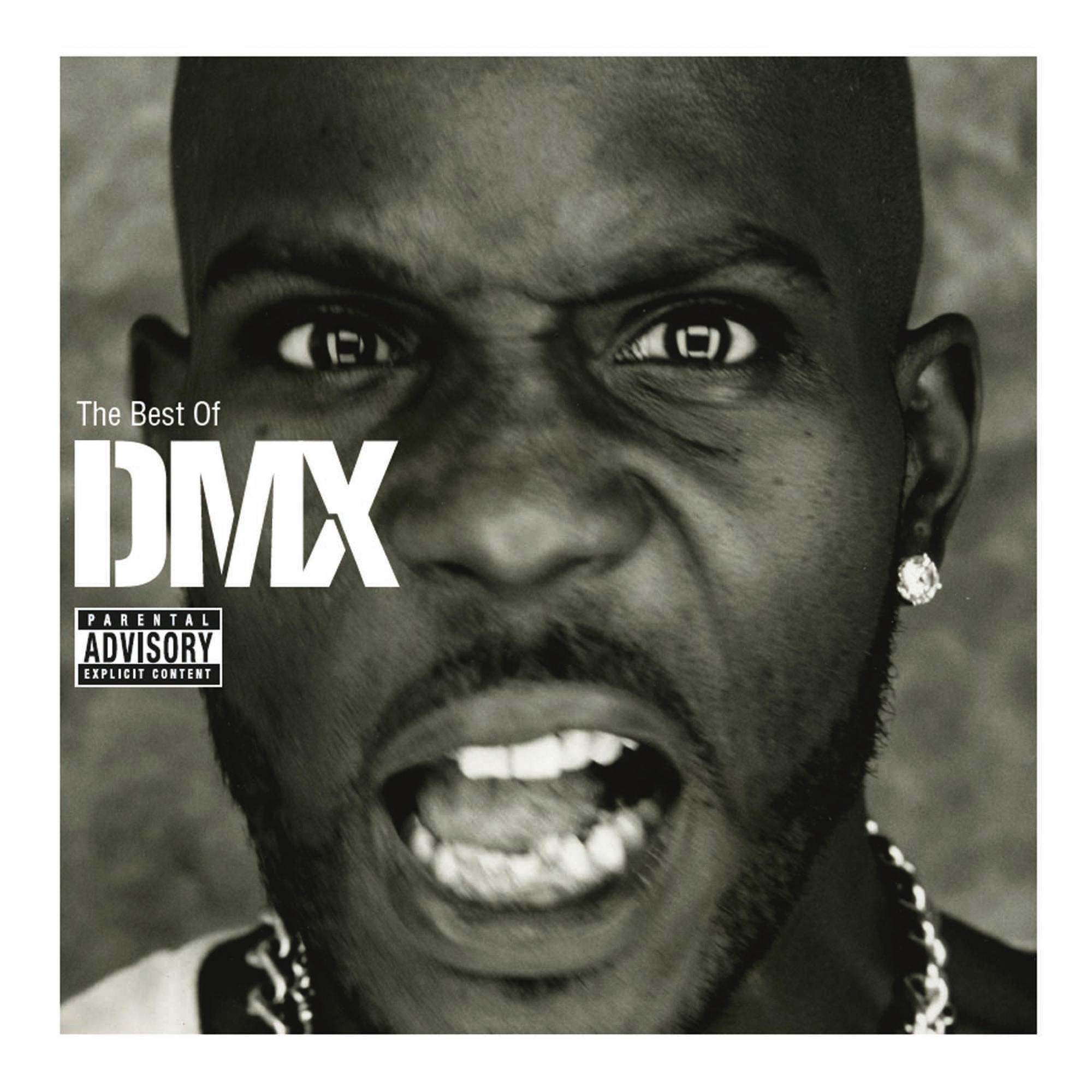 De albumhoes van The Best Of DMX. Een man schreeuwt met een dreigende uitdrukking. De tekst is wit.