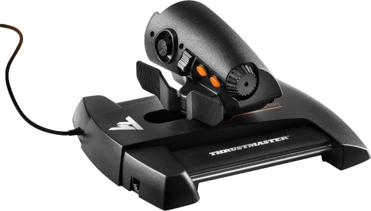 Schwarzer und grauer Thrustmaster-Joystick mit orangefarbenen Knöpfen und einem Sockel. Ein schwarzes Kabel erstreckt sich nach links.