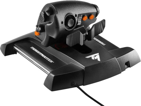 Schwarzer Flight-Stick mit orangenen Knöpfen und einem Sockel mit Kabel.