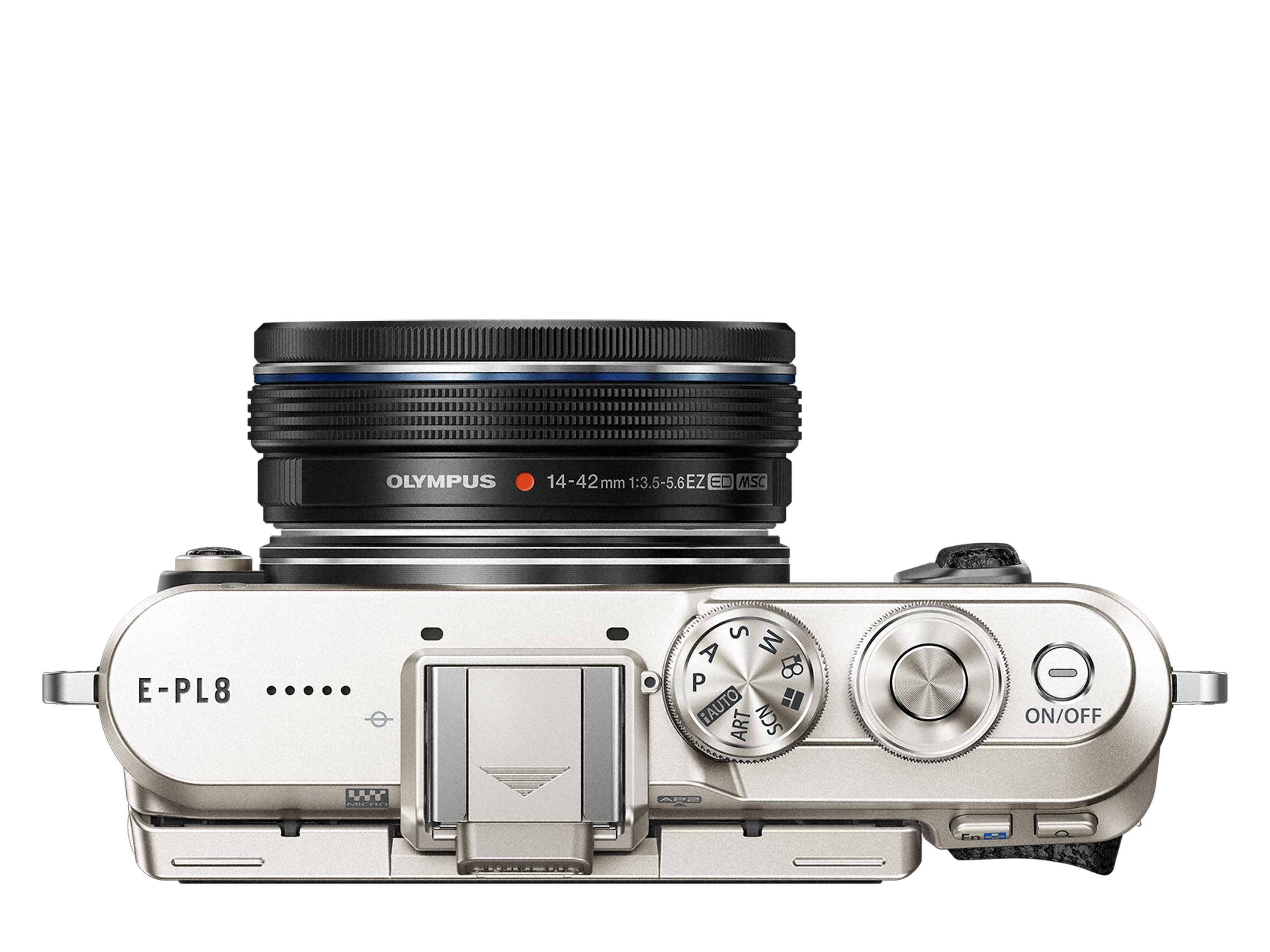 Draufsicht auf eine Olympus E-PL8 Kamera mit Objektiv, Knöpfen und silbernem Gehäuse.