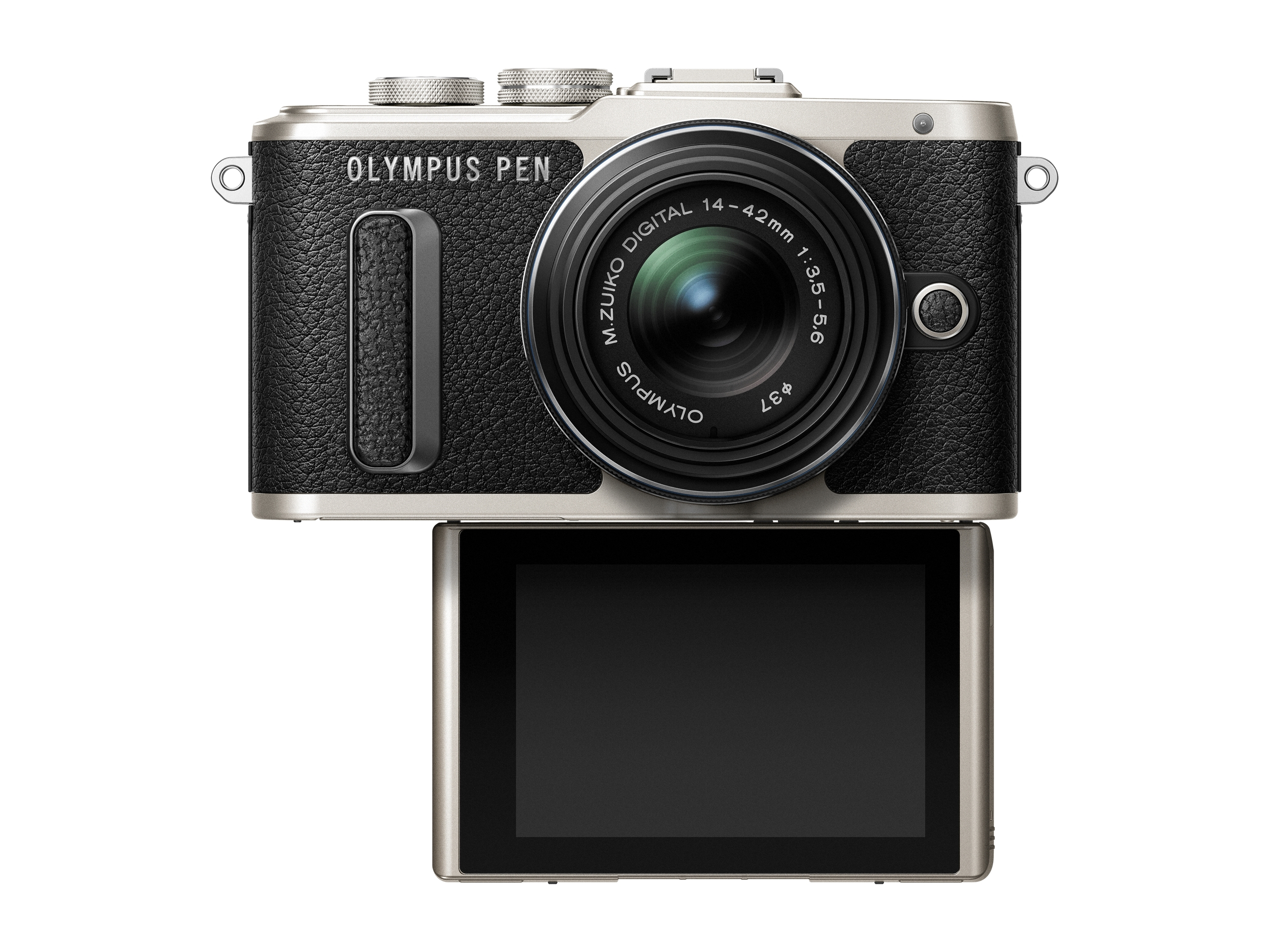 Silberne und schwarze Olympus Pen Kamera mit ausgeklapptem Bildschirm, auf weißem Hintergrund.
