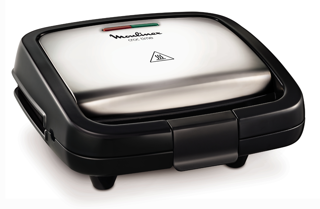 Appareil à sandwich Moulinex Croc Time. Noir et argent, avec une lumi ère rouge et verte sur le dessus. Fond blanc.
