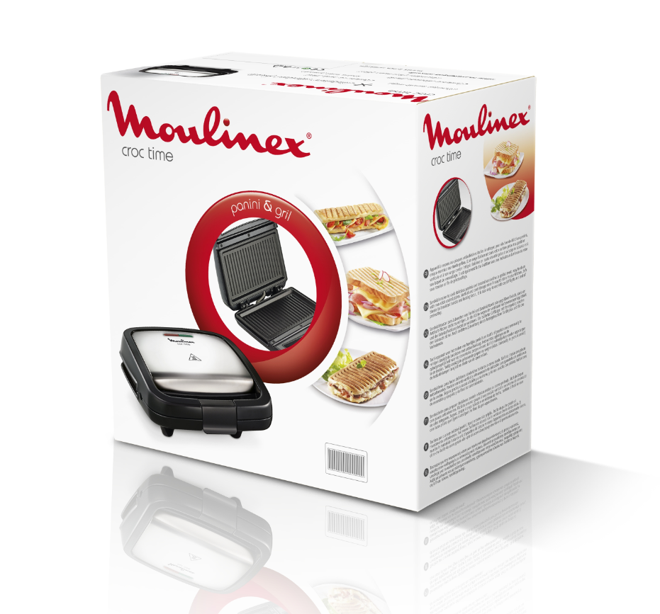 Boîte à panini et grill Moulinex avec images de sandwichs.
