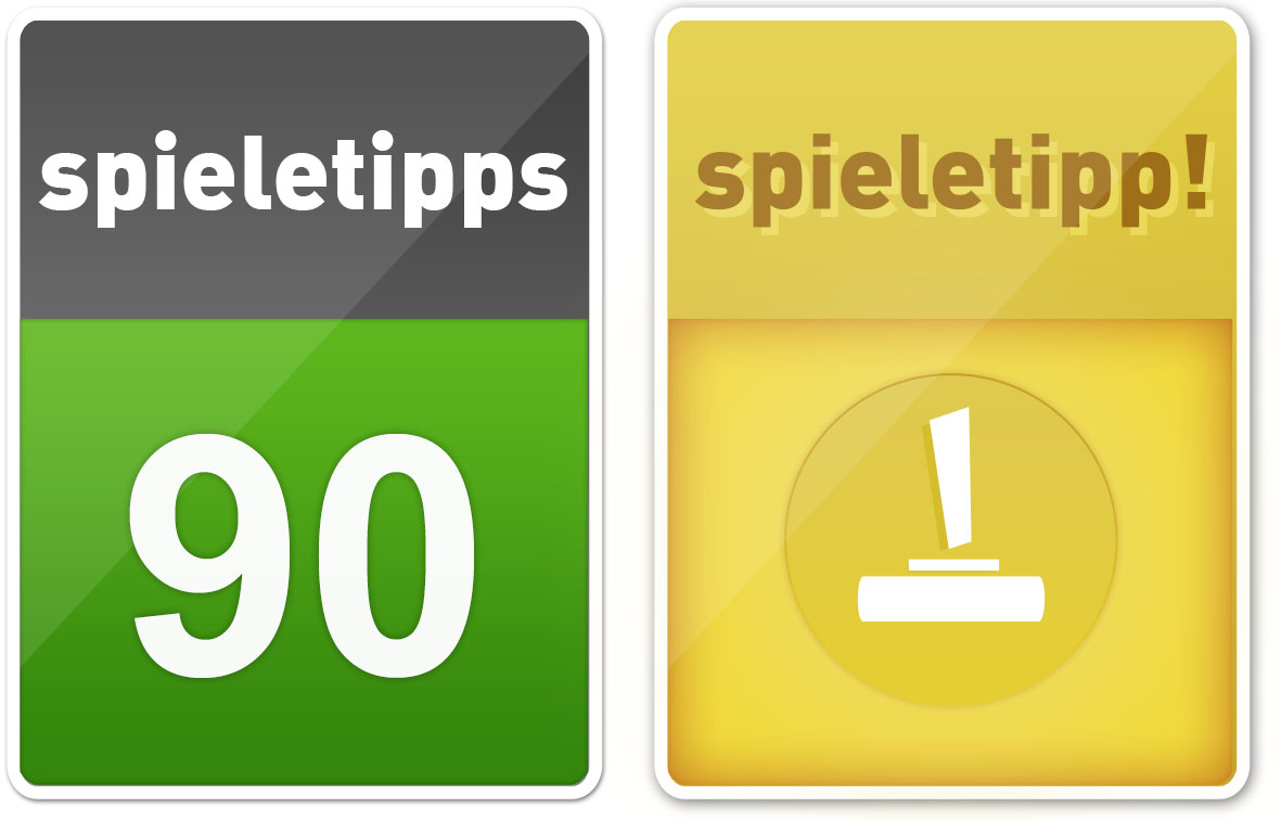 Zwei angrenzende Rechtecke. Grau mit "spieletipps", "90". Gelb mit "spieletipp!" und einem Stempel.