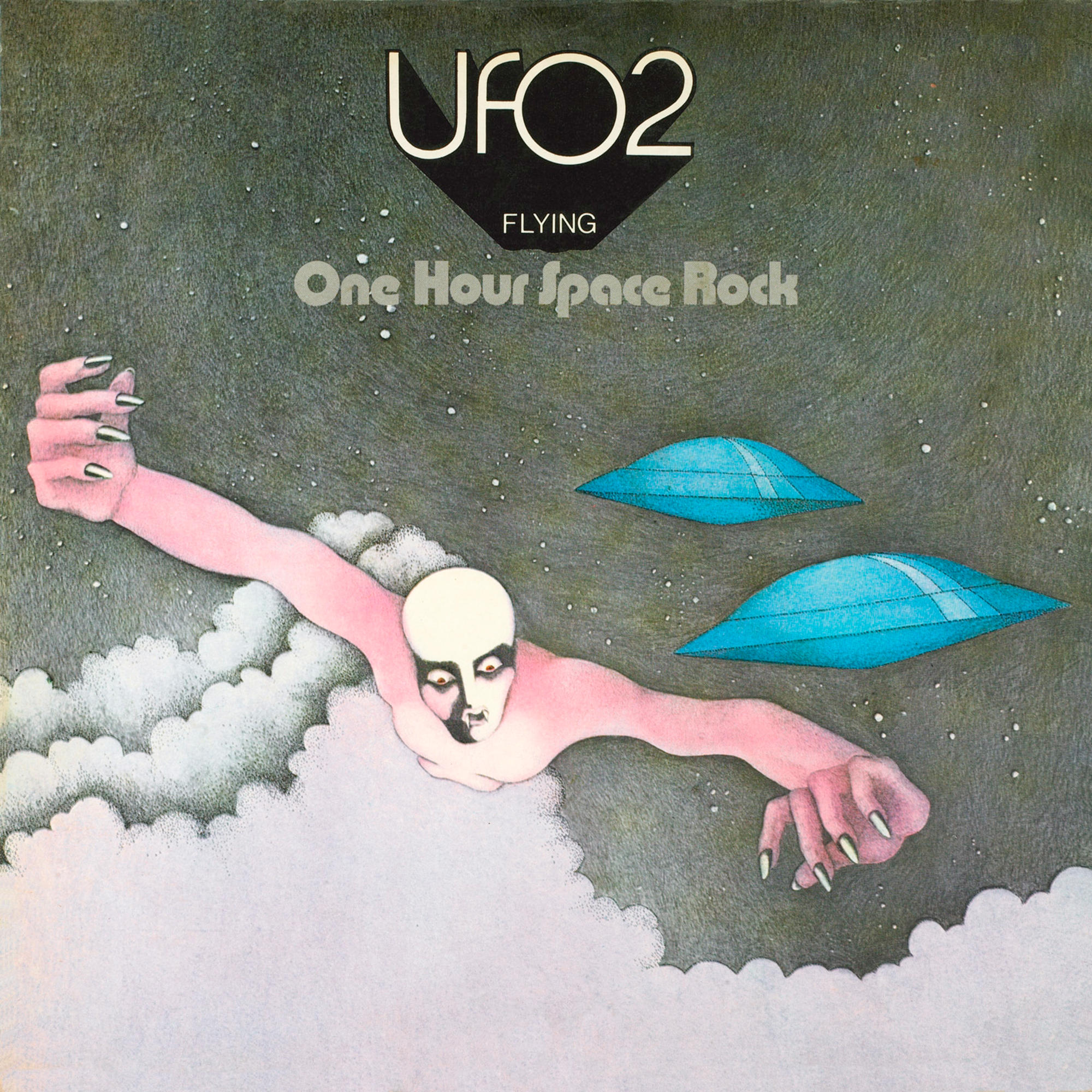 UFO2 Albumcover. Person fliegt mit ausgestreckten Armen. Zwei UFOs im Hintergrund.